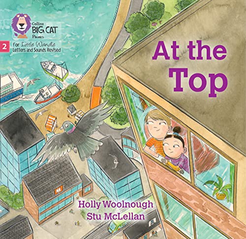 Children look at a pigeon flying near colorful buildings.