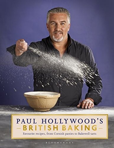 Paul Hollywood sprinkles flour, cookbook cover with title “British Baking”.