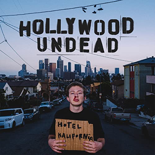 Album cover for Hollywood Undead’s “Hotel Kalifornia” with city skyline.