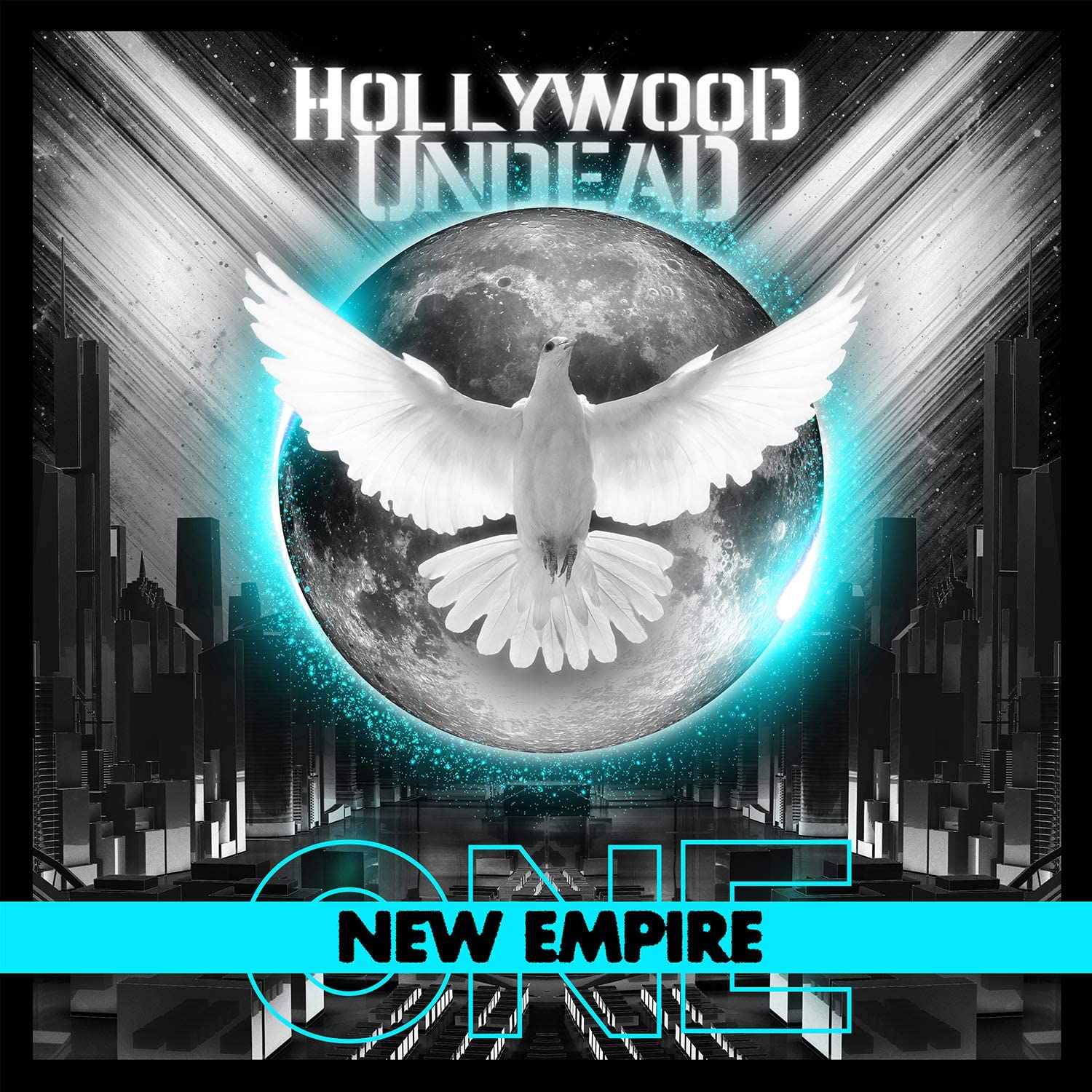 "Album cover with white dove, moon, and cityscape, titled 'Hollywood Undead - New Empire, Vol. 1'."