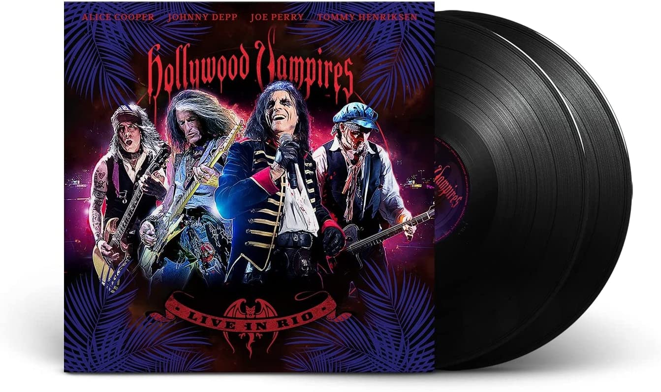 Hollywood Vampires live album cover with band members and two vinyl records.