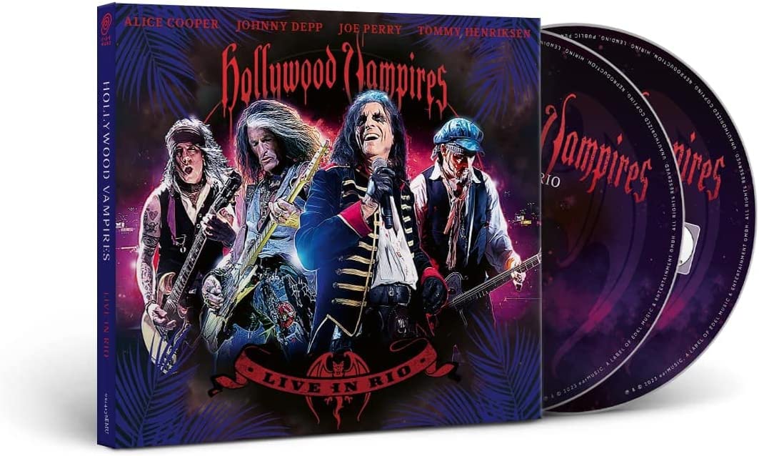 "CD and DVD case with 'Hollywood Vampires' cover art featuring four musicians and purple background."
