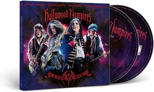 "CD and DVD case with 'Hollywood Vampires' cover art featuring four musicians and purple background."