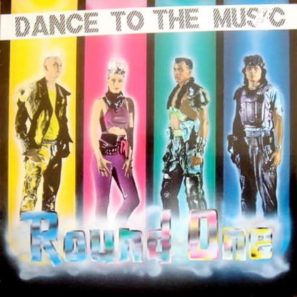 1980s album cover featuring four people in brightly colored, stylized clothing.