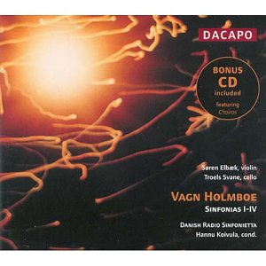 CD cover for Holmboe’s Sinfonias I-IV with abstract red and white design.