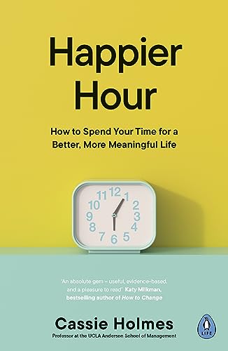 Book cover: "Happier Hour" with a light blue clock showing 1:50.