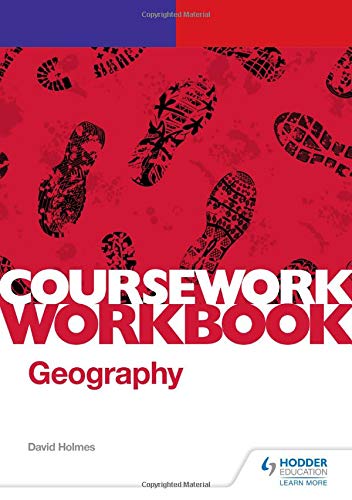 Geography coursework workbook cover with red background and footprint patterns.