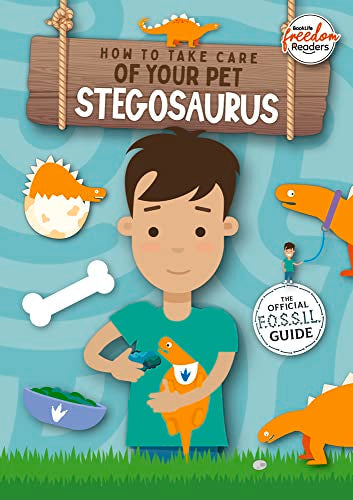 Book cover: boy with a baby stegosaurus, dinosaur egg, and bone.