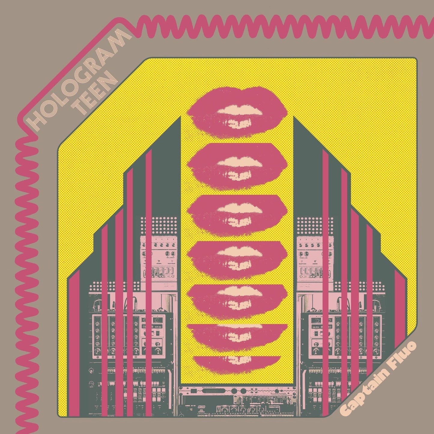 Album cover featuring a stack of pink lips over synthesizers on a yellow background.