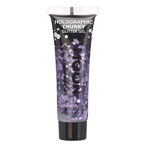 A squeeze tube of purple holographic chunky glitter gel with black cap.