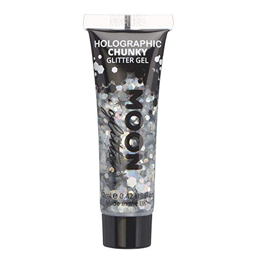 A 12ml tube of silver holographic chunky glitter gel by Moon Glitter.