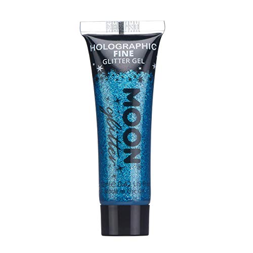 Blue glitter gel in a black and white tube labeled “Moon Glitter.”