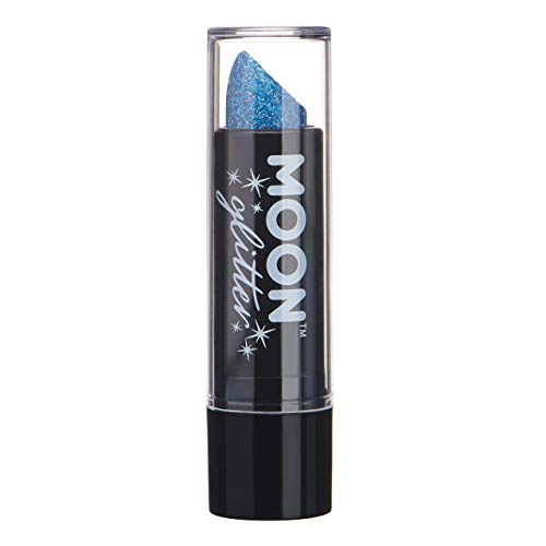 Blue holographic glitter lipstick in a black tube with a clear plastic cap.
