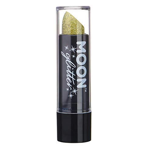 A tube of gold glitter lipstick with a clear cap and black branded base.