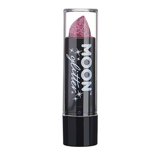 A tube of pink holographic glitter lipstick with Moon Glitter branding on the side.