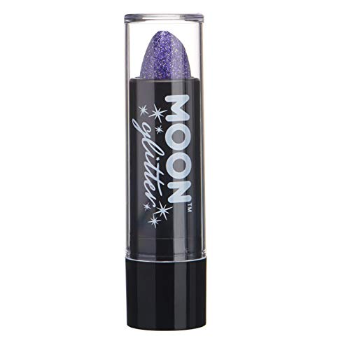 A tube of purple holographic glitter lipstick with a clear cap and black base.
