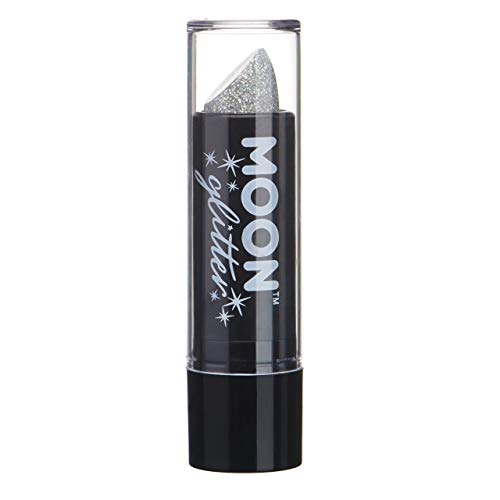 Silver glitter lipstick in a black tube with a clear cap.