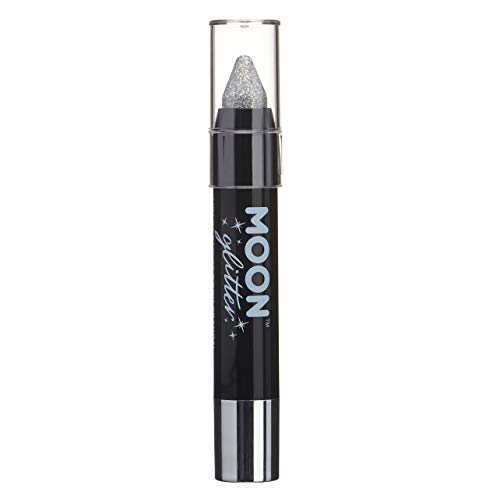 A silver glitter makeup crayon in a black tube with a clear plastic cap.