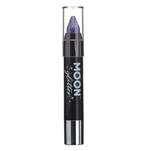 Purple glitter makeup crayon in a black twist-up tube with a clear cap.