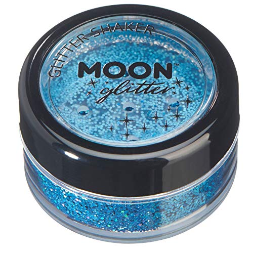 Small round container filled with blue holographic cosmetic glitter, labeled Moon Glitter.