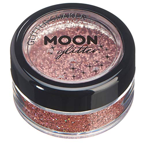 Small round jar of rose gold holographic glitter with a black screw-top lid.