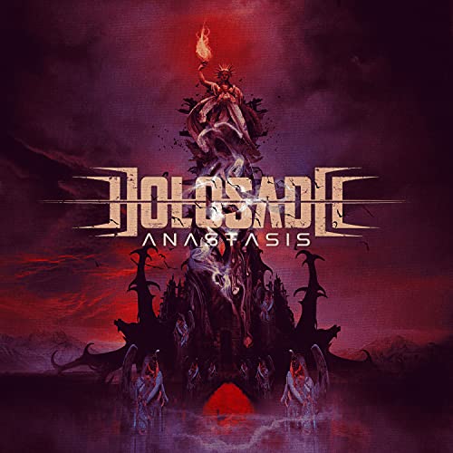“Holosade - Anastasis” album cover: gothic castle, figures, and fiery torch.