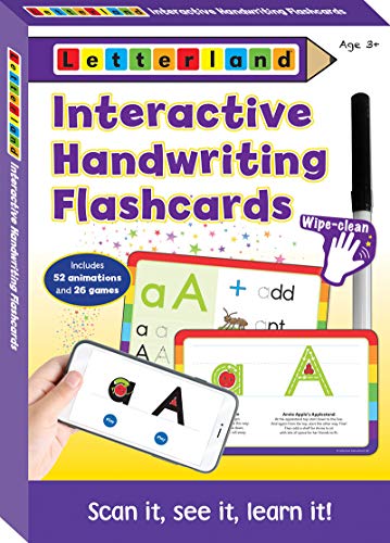 Letterland handwriting flashcards with phone showing animated letters and handwriting practice.