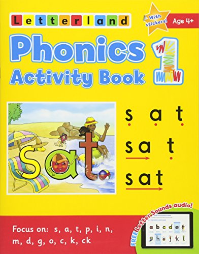 Phonics Activity Book 1" cover with beach scene and letter practice.