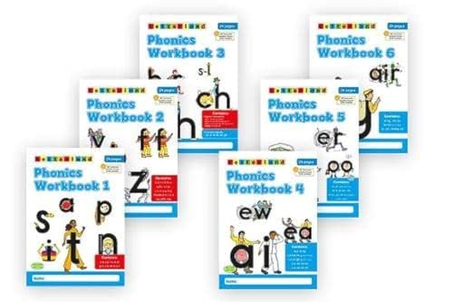 Six colorful phonics workbooks numbered 1 to 6, displaying letters and sounds.