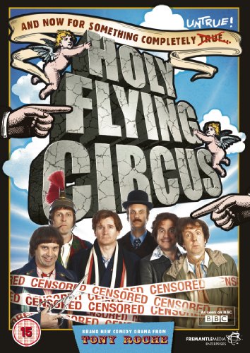 DVD cover for "Holy Flying Circus" featuring cast and surreal imagery.