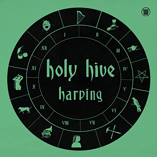 Vinyl record cover with circular astrological symbols and text "holy hive harping".