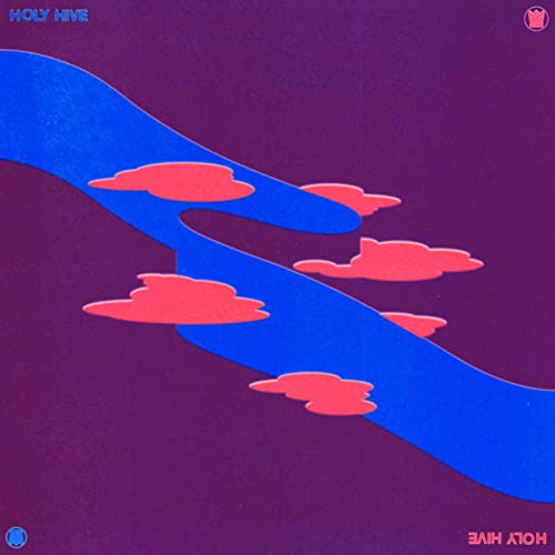 Album cover with blue ribbon shape and pink cloud illustrations.