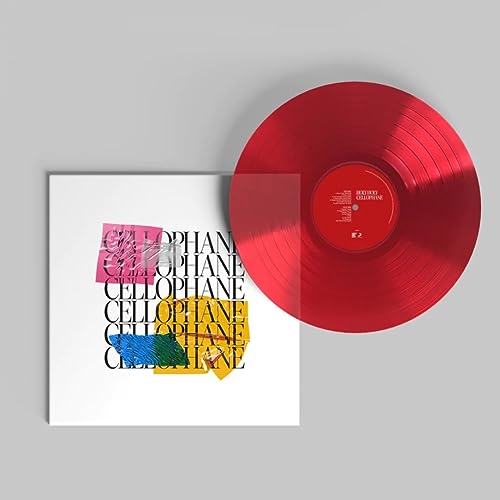 Red transparent vinyl record and album cover with colorful text collage.