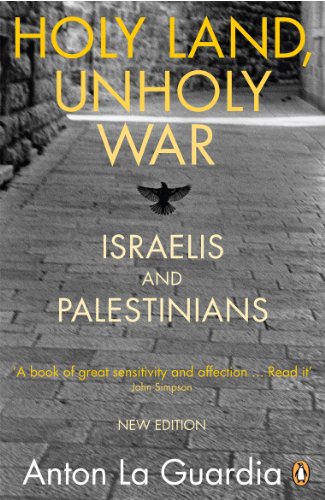 Book cover: "Holy Land Unholy War" with a bird silhouetted against stone.
