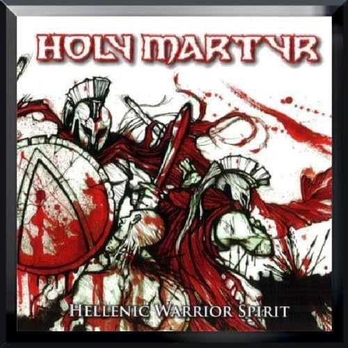 Ancient Greek warriors with shields and spears, blood-red streaks, album cover.