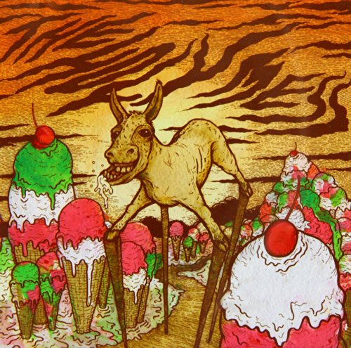 Surreal illustration of a donkey with ice cream and cherry toppings.