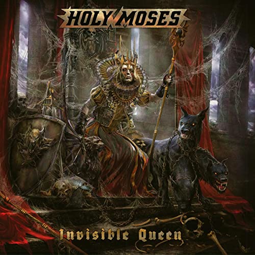 Album cover for Holy Moses’ “Invisible Queen” featuring a crowned figure and dogs.