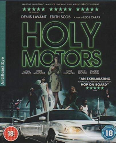 Holy Motors" Blu-ray cover with a man on a limousine and figures.