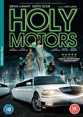 Holy Motors" DVD cover featuring a limousine and several figures.