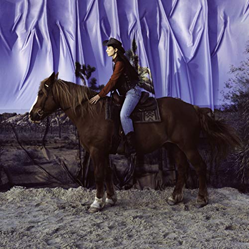 Woman on horseback in a desert landscape with purple drapery.