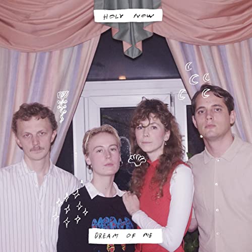 Four people stand before a window framed by pink curtains, with added doodles.