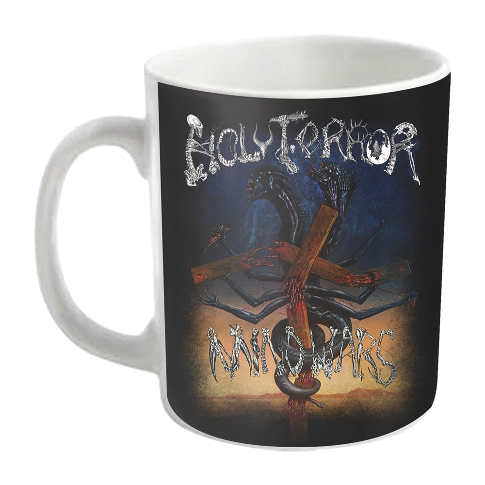 White ceramic mug with dark, gothic band logo and cross imagery.