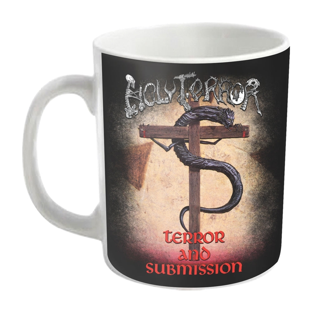 Black mug with band logo featuring a cross and alien creature.