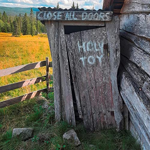 Rustic outhouse with "Holy Toy - Close All Doors" graffiti, rural landscape.