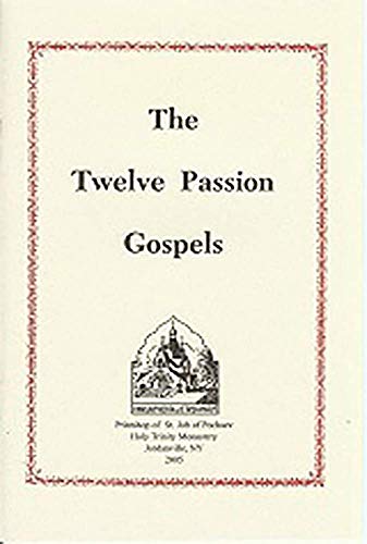 Book cover: “The Twelve Passion Gospels” with a church illustration.