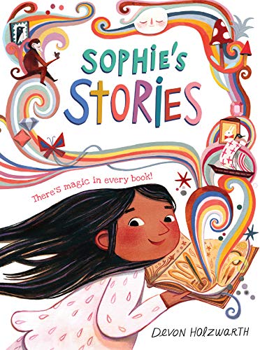Book cover: girl reading, colorful illustrations, title "Sophie's Stories".