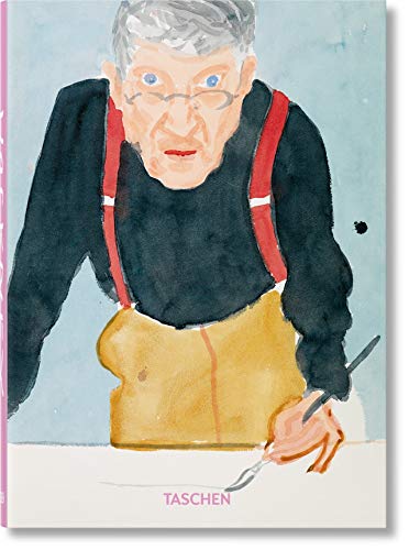 Watercolor portrait of David Hockney wearing red suspenders and painting on a canvas.