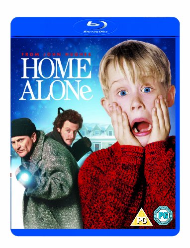 Blu-ray cover for Home Alone featuring a shocked boy and two burglars in background.