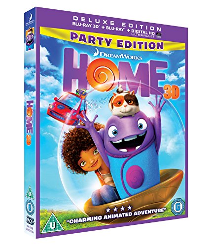 DreamWorks Home 3D Blu-ray cover featuring a girl, a purple alien, and a cat.