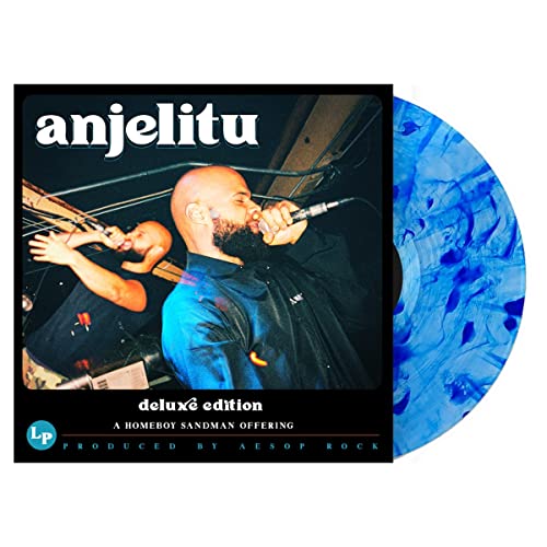 Vinyl record cover featuring Homeboy Sandman performing, with blue marbled vinyl visible.
